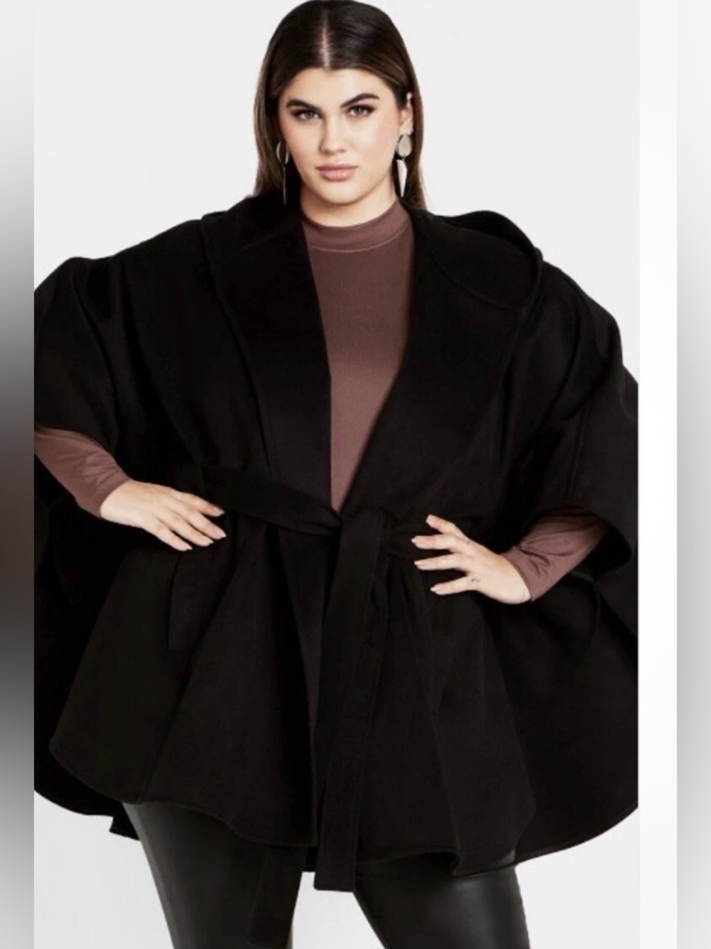 City Chic Black Belted Wrap Cape Poncho Coat